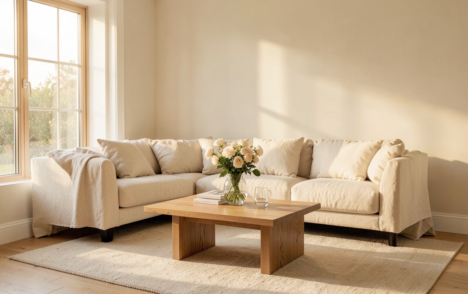 Helles, modernes Wohnzimmer im Abendlicht